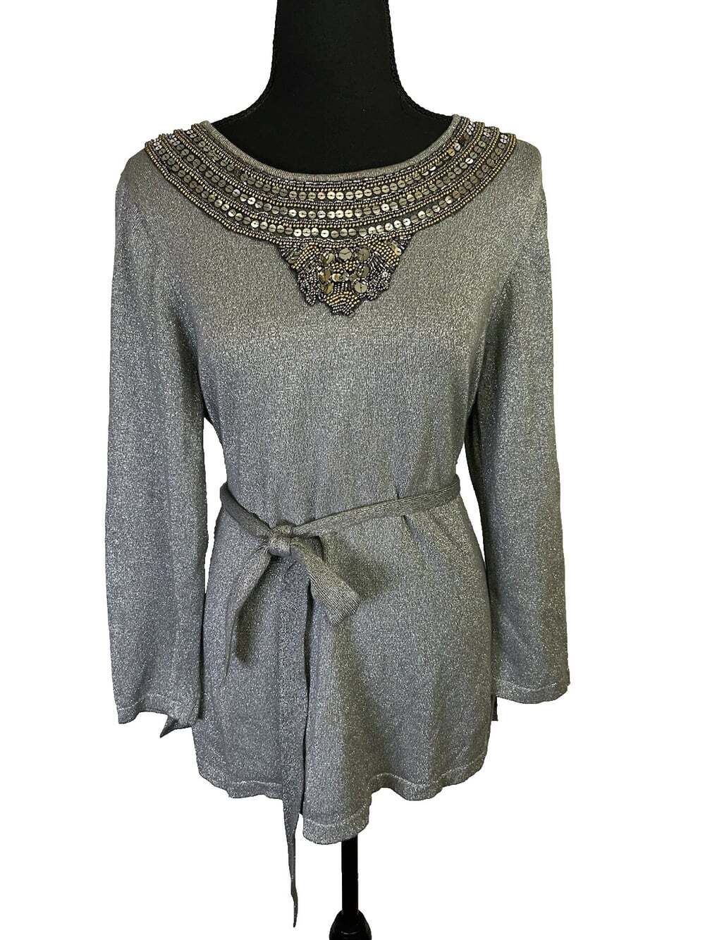 Vintage Lauren Michelle Top Sz M Embellished Tie Waist Metallic Silver Sequin